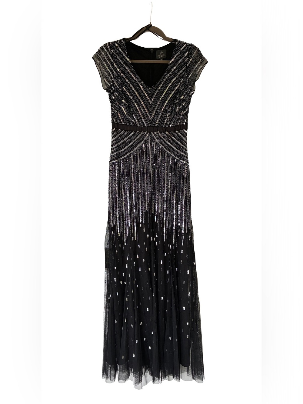 Adrianna Papell Black Silver Sequin Maxi Gown